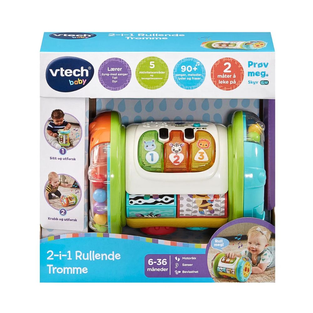 VTech 2-i-1 Rullende Tromme – Interaktiv Leke med 90+ Lyder og Fraser – Fra 6 Måneder