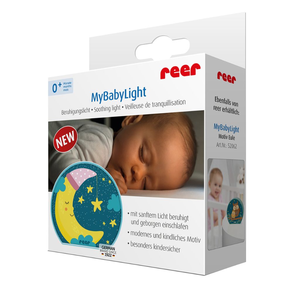 Reer MyBabyLight Måne – Nattlampe i Lyseblå – Beroligende Lys for Babyer – Fra 0 Måneder
