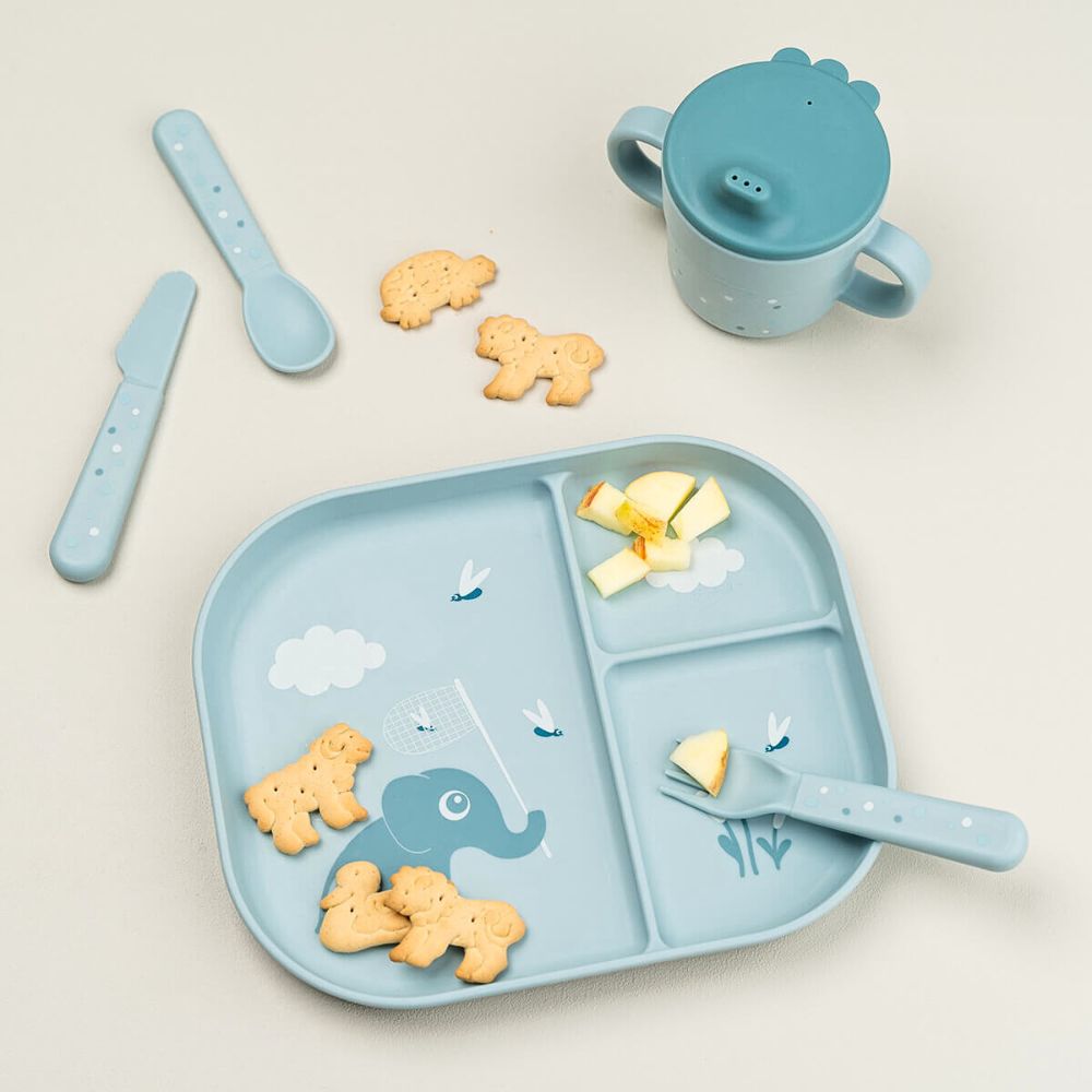 Foodie Blå Tallerken med 3 Rom og Sklisikker Bunn